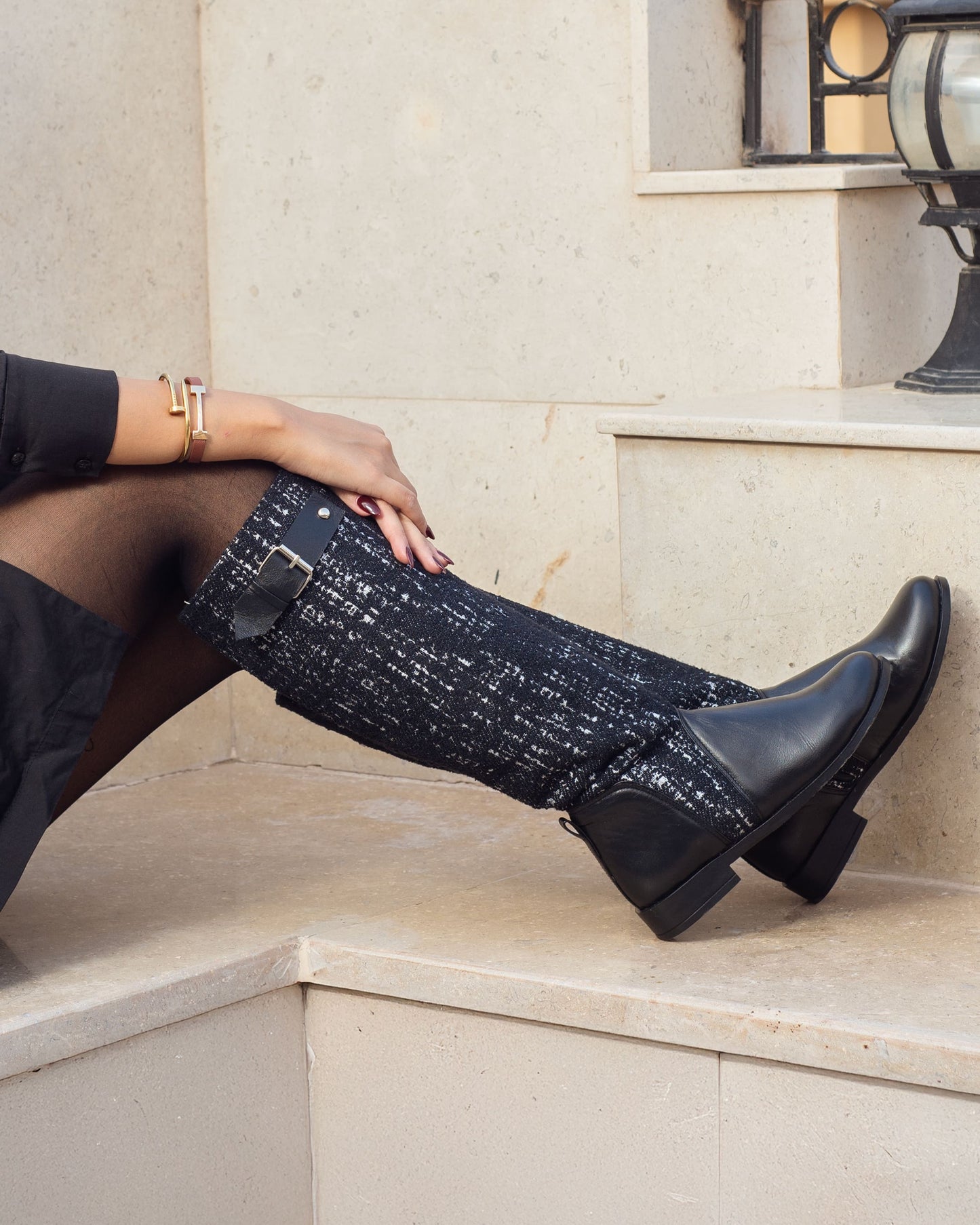 Black X White Knee Boots